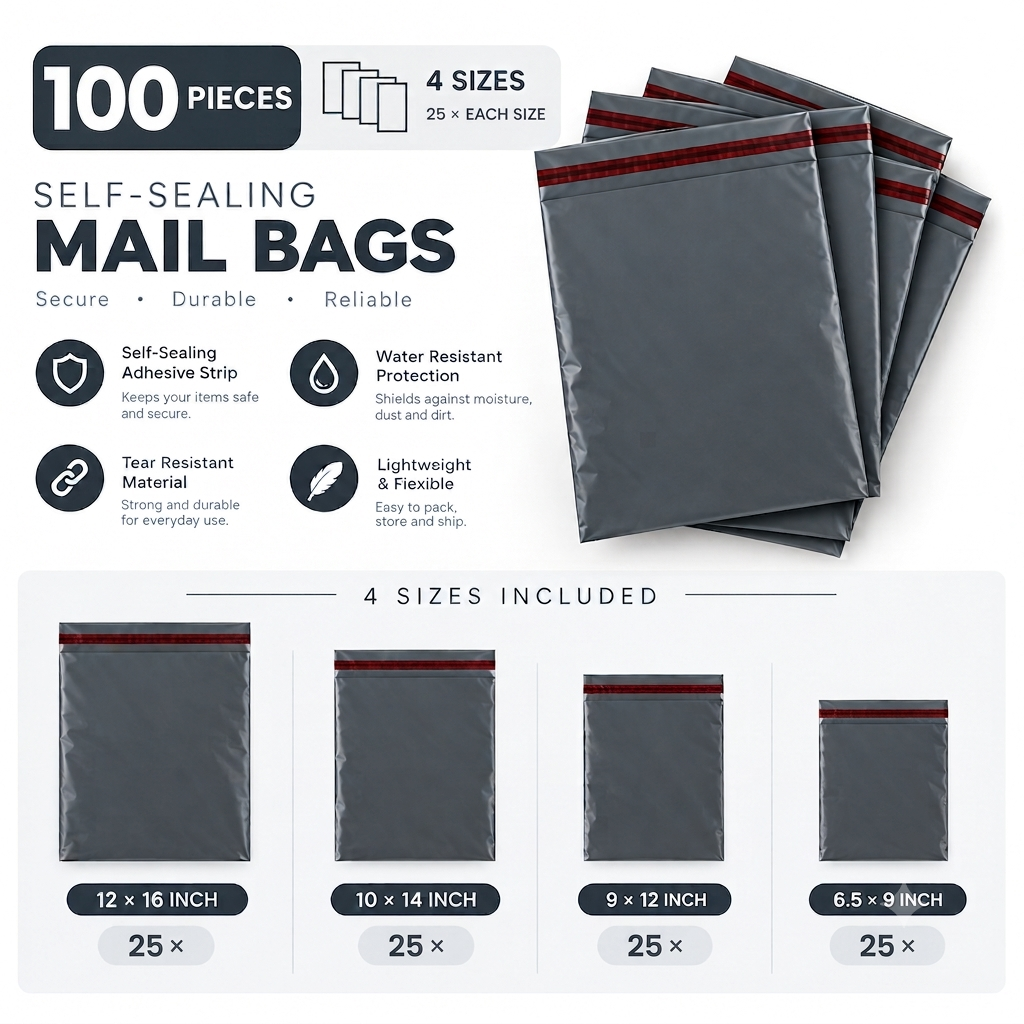 100x Self-seal Mailer Bags • 4 sizes x25 pcs