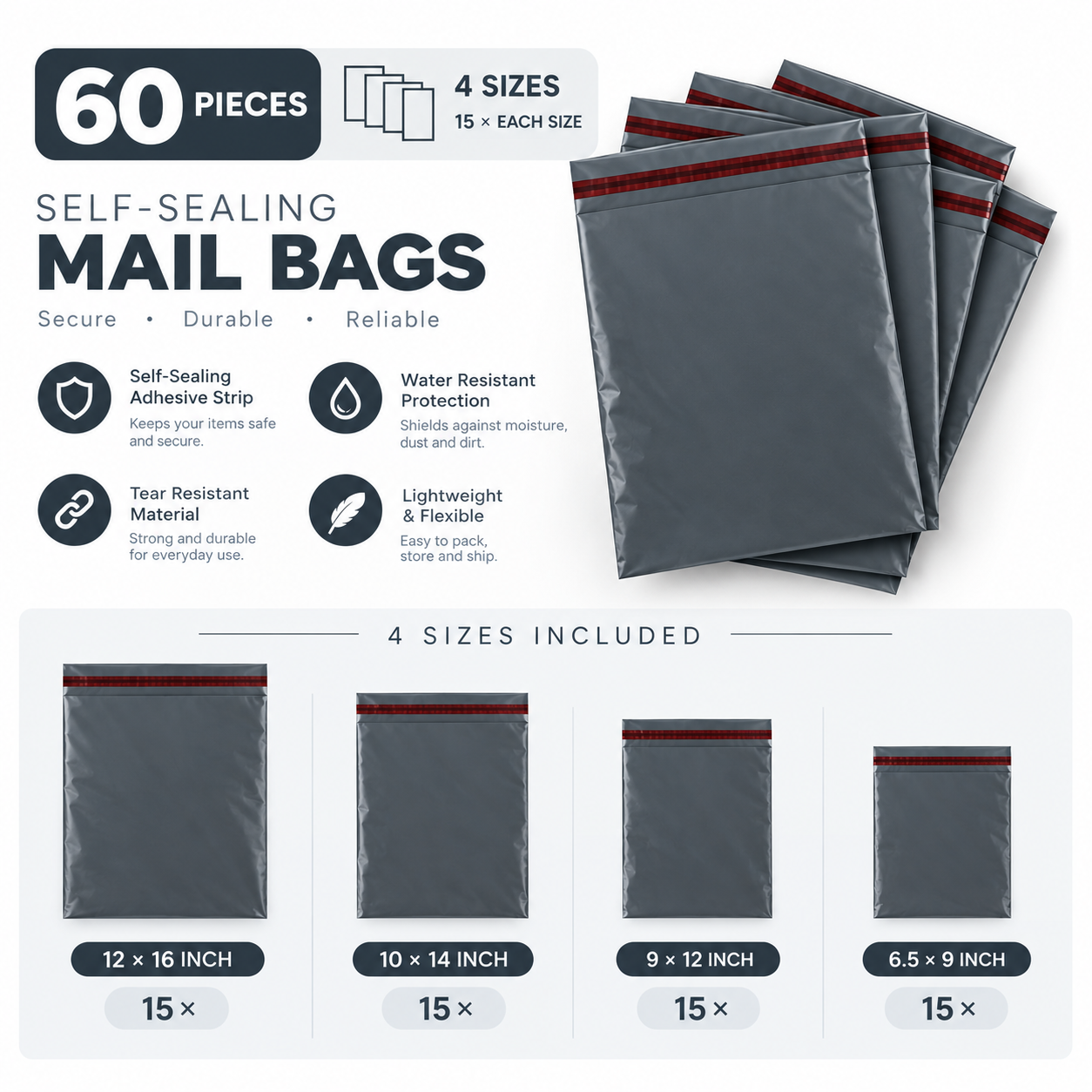 60x Self-seal Mailer Bags • 4 sizes x15 pcs